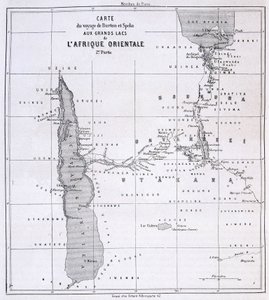 Mappa di viaggio di Richard Francis Burton, esploratore britannico (1821-1890) e Speke ai Grandi Laghi dell