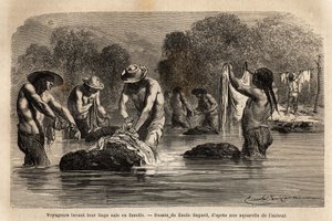 Viaggiatori che lavano i loro panni sporchi nel fiume, insieme ai peones boliviani, nei pressi di Maniri (Basso Perù), incisione per illustrare il viaggio nelle valli di Quinquinas, di Paul Marcoy, 1849-1861
