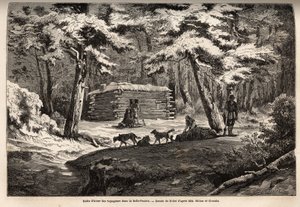Capanna invernale del viaggiatore nel bel prato (Canada), rifugio per cacciatori e le loro slitte. Incisione per illustrare il viaggio dall