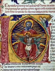 Trinità (la colomba dello Spirito Santo è visibile nella barba del Padre). Codice miniato da Unknown artist
