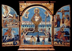Trittico della Vergine, fonte di vita Pannello centrale: la Vergine attraversa una fontana miracolosa. A sinistra, la resurrezione e la deposizione. Sotto un cavaliere (San Giorgio) che abbatte un drago. A destra, la crocifissione e un cavaliere pun da Unknown artist