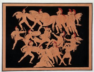 Guerra di Troia - al centro: Menelao difende il corpo di Patroclo con il suo scudo, Aiace armato di un