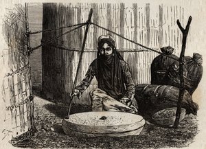 Donna turcomanna che usa la ruota per macinare il grano, attivando un ingegnoso sistema a manovella, la pietra superiore gira e sfregando questa pietra sull