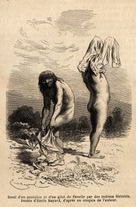 Due indiani Siriniris cercano di indossare pantaloni e gilet, che un membro della spedizione aveva messo ad asciugare sulla riva dei laghi ai piedi del Monte Basiri (Perù). Incisione per illustrare il viaggio nelle valli di Quinquinas (Perù), di Paul Marco da Unknown artist