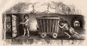 Due bambini che spingono un carrello in una miniera di carbone inglese, un terzo, il Trapper, apre una porta da Unknown
