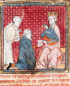 Due messaggeri annunciano a Carlo Magno (742-814) la vittoria sui Saraceni. Miniatura tratta da 