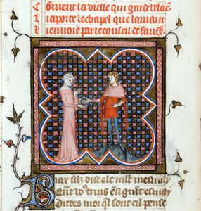 Un giovane uomo e una vecchia donna - Pagina miniata dal manoscritto "Le Roman de la Rose" di Guillaume de Lorris e Jean de Meun