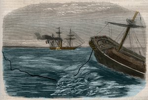 Linee telegrafiche sottomarine: La posa di un cavo sottomarino - Incisione del 1857 da Unknown artist