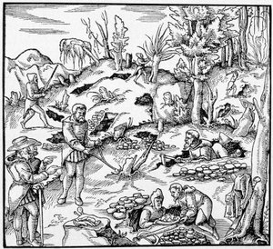 Uso del secchio magico per cercare i tesori della terra - in "Il Libro delle Miniere" di Agricola da Unknown artist