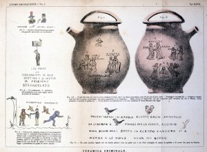 Varie illustrazioni e iscrizioni lasciate dai criminali su vasi di ceramica: studio di Cesare Lombroso (1835-1909), criminologo italiano in L