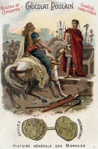 Vercingetorige (72-46 a.C.), capo della ribellione gallica, depone le armi ai piedi di Cesare (100-44 a.C.), dopo aver perso definitivamente la città di Alesia. Cromolitografia del tardo XIX secolo - Collezione privata. da Unknown artist