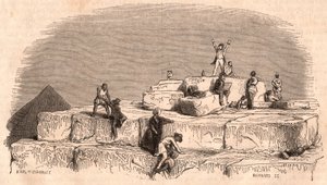 Vista dalla cima della Grande Piramide di Khufu: un gruppo di europei che arriva sulla sommità aiutato dagli egiziani da Unknown