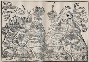 Vista del Monte Sibilla (Paradiso della Regina Sibilla) (Doppia mappa del Monte Pilato e del Monte Sibilla) - Antoine de La Sale (La Salle) scrittore satirico francese del XV secolo. da Unknown artist