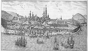 Veduta della città di Quebec in Canada (fine XVII secolo): A. Giardino del forte. B. Il forte. C. Polveriera. D. I Recolletti. E. Le Orsoline. F. I Gesuiti. G. La cattedrale. H. Il seminario. I. Hotel Dieu. L. Ospedale Generale. Mr. L