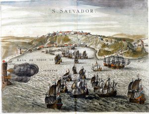 Vista di Salvador, precedentemente conosciuta come Bahia, capitale del Brasile nel 1549, quando fu fondata - Incisione del XVI secolo da Unknown artist