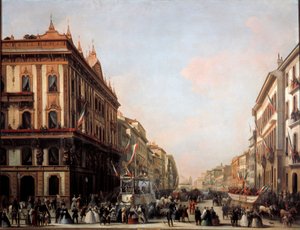 Vista di via Venezia con carro di carnevale, Milano