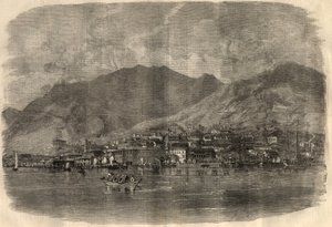 Veduta della città di Victoria a Hong Kong. Incisione in "The Illustrated London News" del 14 marzo da Unknown artist