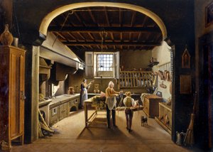 Vista di una cucina: persone indaffarate da Unknown artist
