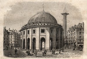 Veduta della Halle au Blé a Parigi (costruita nel 1763-1769) e della colonna Medici, incisione inizio XIX secolo