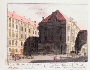 Veduta del Teatro di Corte vicino alla Porta della Carinzia (Karntnertortheater o Theater am Karntnertor) a Vienna dove la 9ª Sinfonia di Beethoven fu rappresentata per la prima volta il 07/05/1824. Austria. Incisione del 1815 Collezione privata da Unknown artist