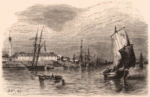 Vista del Porto di Lorient, Morbihan, Bretagna, Francia: barche a vela e barca in primo piano, edifici del porto e faro sullo sfondo da Unknown