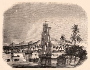 Vista della baia di Papeete e del blocco Regina, Tahiti, Polinesia Francese e in primo piano barche a vela e barche da Unknown