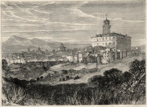 Veduta della città di Monterotondo in Italia. Incisione in 