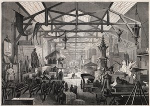 Veduta dei laboratori di costruzione di Eugene Delessert, azienda che organizza feste pubbliche, avenue Dauphine a Parigi - Incisione in "Le Monde Illustré" da Unknown artist