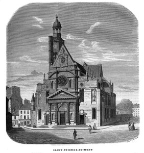 Vista della facciata della chiesa di Saint-Etienne-du-Mont, Place Sainte-Genevieve a Parigi nel 1858. da Unknown artist