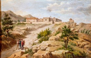 Veduta della casa del patriota italiano e eroe del Risorgimento Giuseppe Garibaldi (1807-1882) a Caprera (Sardegna). Garibaldi è con due contadini a sinistra del quadro da Unknown artist
