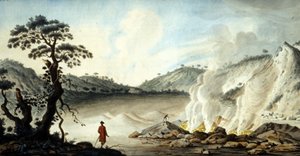 Veduta della solfatara, terreno vulcanico che emana fumi caldi e gas di zolfo. Pozzuoli vicino a Napoli. XIX secolo. da Unknown artist