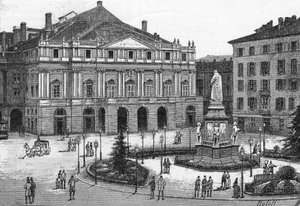 Vista del teatro della Scala a Milano, Italia. Incisione in 