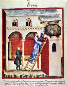 Produzione di aceto. Miniatura dal trattato di medicina e dietetica "Tacuinum sanitatis"