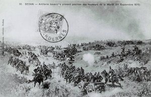 Guerra del 1870: artiglieria bavarese che prende posizione dalle alture della Marfe nelle Ardenne il 01/09/1870. Incisione del 1870