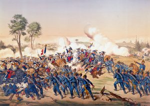 Guerra del 1870: la carica delle corazzate alla Battaglia di Froeschwiller Woerth (Froeschwiller-Woerth) il 06/08/1870 che vide la vittoria della Germania - Litografia del 1870. Parigi, NL da Unknown artist