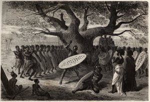 Esercizi guerrieri dei Landines o caffres-zulus, una Sena (regione del fiume Zambesi, Mozambico). Incisione per illustrare i primi viaggi del Dr. Livingstone in Africa meridionale dal 1840 al 1856, in "Le tour du monde, nouveau journal des voyages", a cura da Unknown artist
