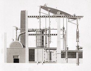 Macchina a vapore di Watt. Schema. Incisione del XIX secolo da Unknown artist