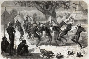 Danza di benvenuto delle donne della tribù, al ritorno di Baker e sua moglie dal Lago Alberto. Incisione per illustrare il viaggio al Lago Alberto, nel 1861-1864, di Sir Samuel White Baker, in 