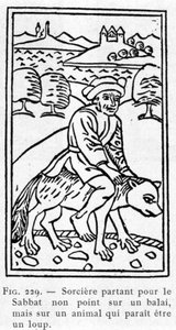 Strega che parte per il sabba non su una scopa, ma su un animale che sembra essere un lupo da Unknown artist
