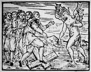 Stregoneria: il diavolo e gli uomini che camminano sulla croce cattolica - incisione da Unknown artist