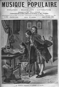 Wolfang Amadeus Mozart scrive un concerto per clavicembalo alla presenza di suo padre Leopold e Andreas Schachtner nel 1762 - incisione in "Musica Popolare" - 1882 da Unknown artist