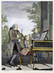 Wolfgang Amadeus Mozart bambino al pianoforte circondato dal padre Leopold al violino e dalla sorella Marianne al canto - incisione da Unknown artist