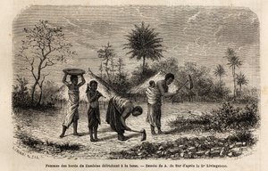 Donne delle rive dello Zambeze che dissodano con una zappa, e introducono i bambini al lavoro agricolo. Incisione per illustrare i primi viaggi del Dr. Livingstone nell