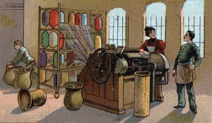 Industria della lana, pettinatura. Cromolitografia della fine del XIX secolo da Unknown artist