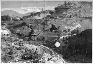 Operaio sul cantiere della trincea a Bas Obispo per la costruzione del Canale di Panama. Incisione in "Le Monde Illustré" da Unknown artist