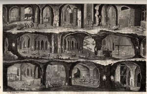 Lavoro nella miniera di sale di Wieliczka - città mineraria in Polonia - Veduta dei lavori sotterranei nelle miniere di sale di Wieliska, in Galizia - incisione in 