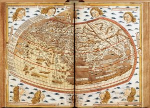 Mappa del mondo di Claudio Tolomeo. Le teste umane che soffiano aria rappresentano i diversi venti (i cui nomi sono indicati). In 