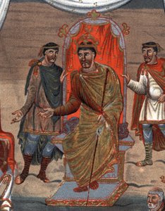 (dettaglio) Carlo II il Calvo, re di Francia che riceve una delegazione di monaci da Tours. Fac-simile in cromolitografia del XIX secolo dopo una miniatura del X secolo conservata alla B.N. di Parigi. da Unknown artist