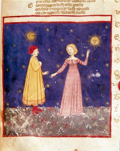 Primo cielo: Dante incontra Beatrice in Paradiso. Pagina miniata che illustra un canto del Paradiso tratta dalla 