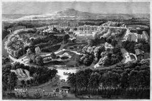 Vista generale del giardino di acclimatazione al Bois de Boulogne offerto e inaugurato da Napoleone III nel 1860, combinando natura, flora lussureggiante e animali esotici, in "l